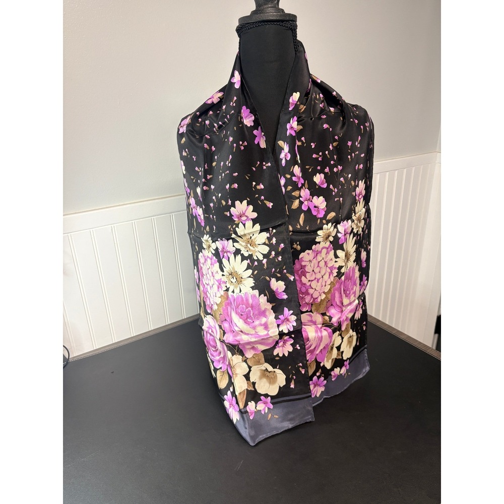 Liz Claiborne Floral Scarf Black Pink Purple Grey Silk  58x10